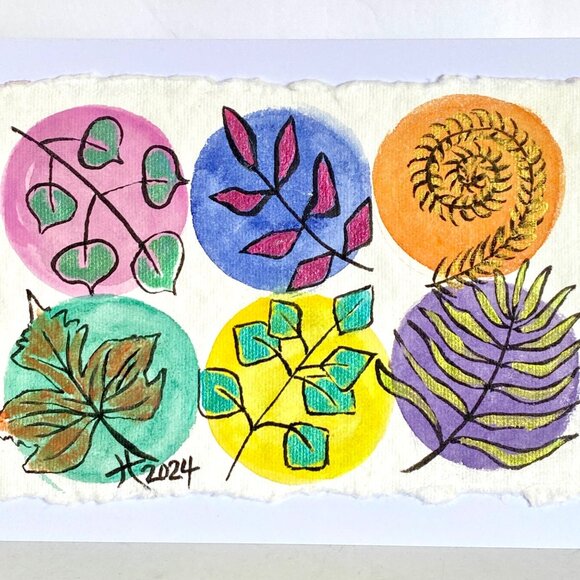 Artist Tristina Dietz Elmes Other - Shimmer Leaves Watercolor Ink Acrylic Art Handmade Original Blank Greeting Card